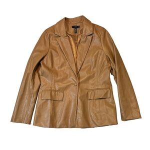 Aqua women’s S Small brown solid faux leather single button blazer jacket EUC